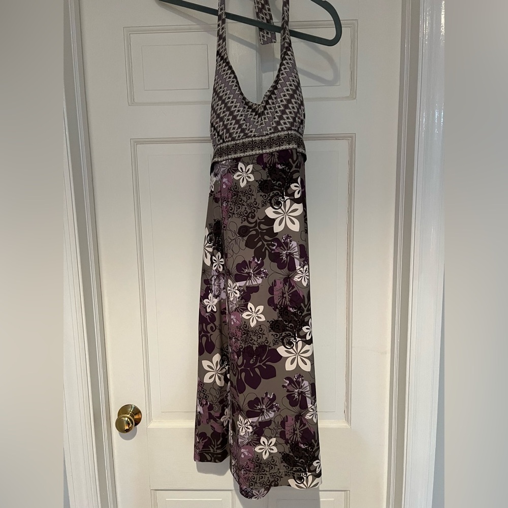 Size 14 halter back purple and gray floral dress with side pocket.